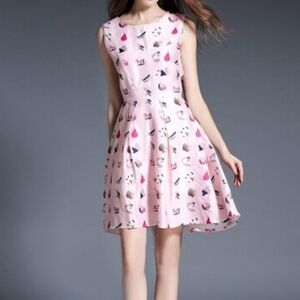 Pink Satin Dress Fun Print with Pockets Size L